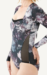Long sleeved sunsafe swimsuit black floral print